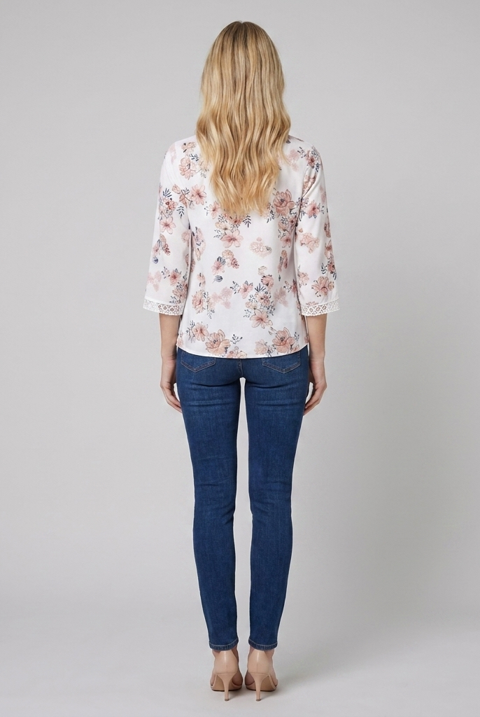 Women's Floral V-Neck Blouse Crochet Trim in White - Back View