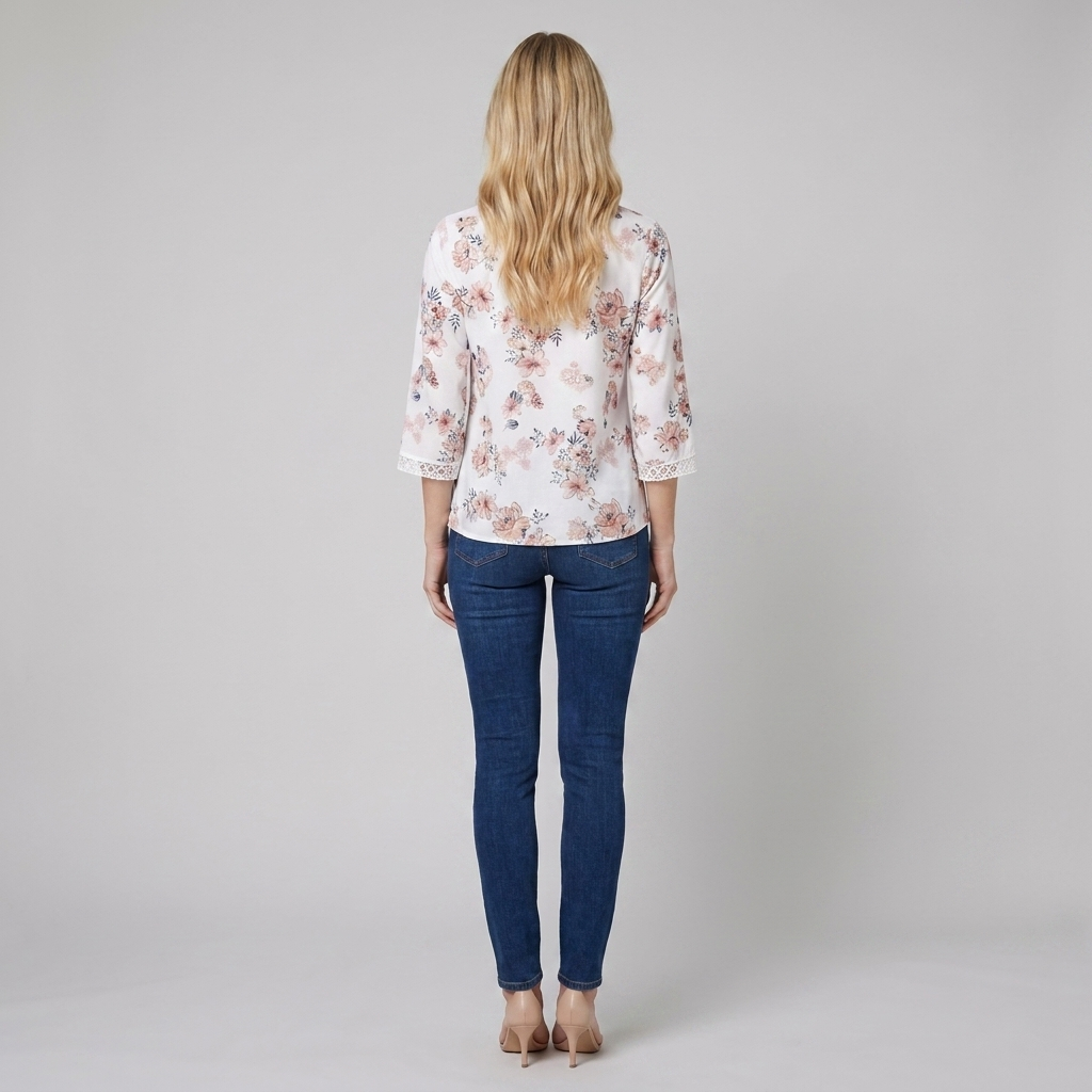 Women's Floral V-Neck Blouse Crochet Trim in White - Back View
