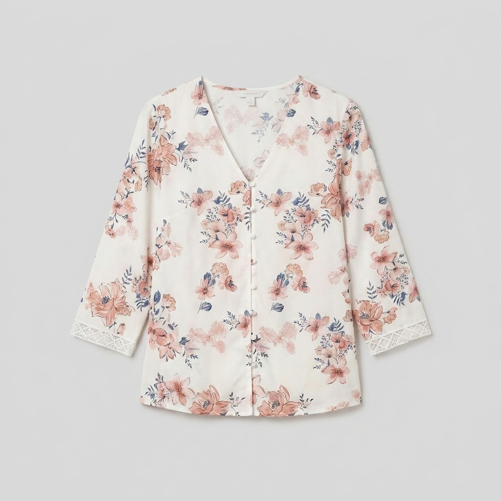 Women's Floral V-Neck Blouse Crochet Trim in White - Product Flat Lay
