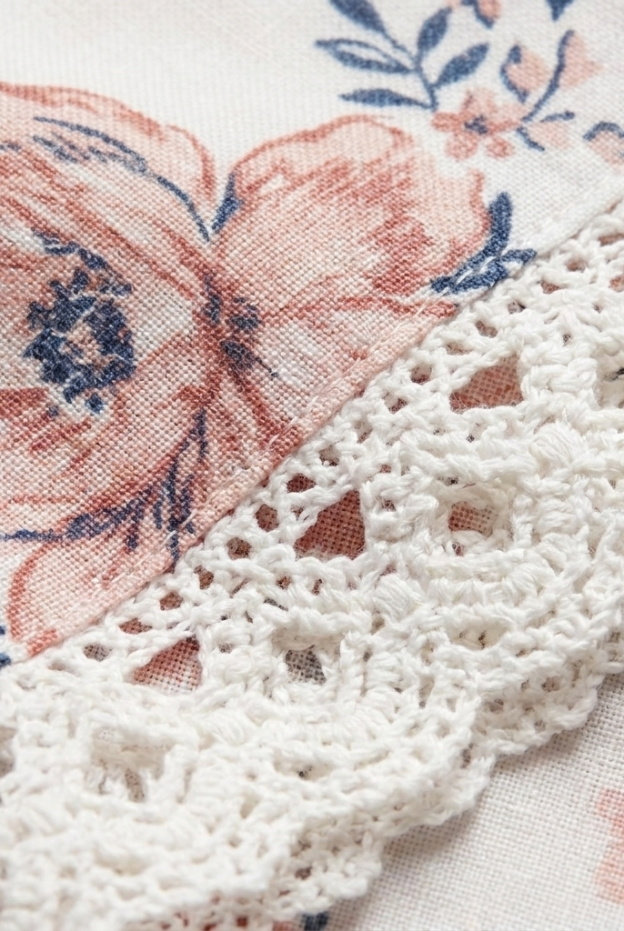 Women's Floral V-Neck Blouse Crochet Trim in White - Fabric Close-Up
