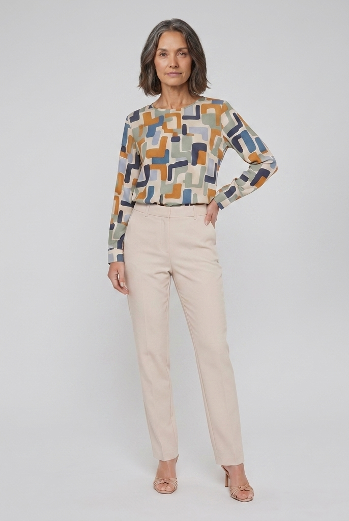 Women's Geometric Print Crew Blouse in Stone - Front View