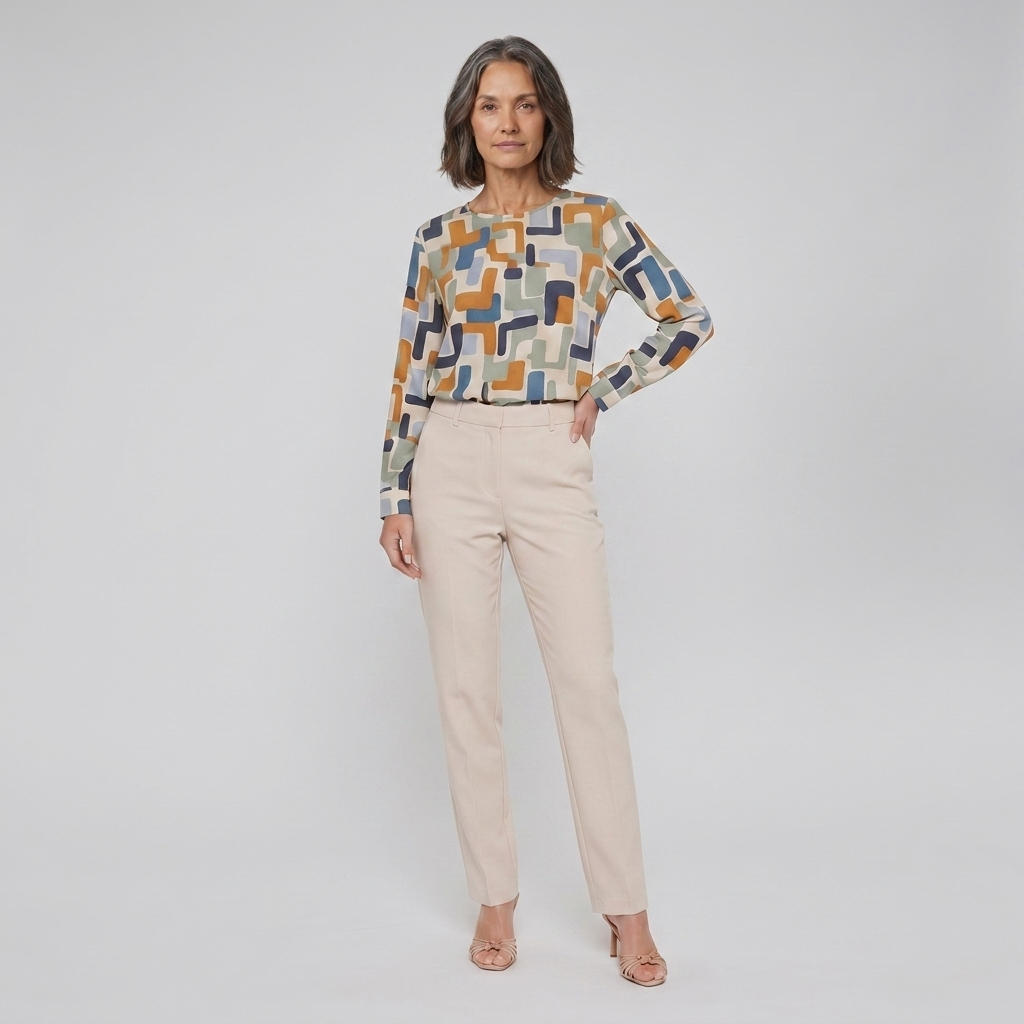 Women's Geometric Print Crew Blouse in Stone - Front View