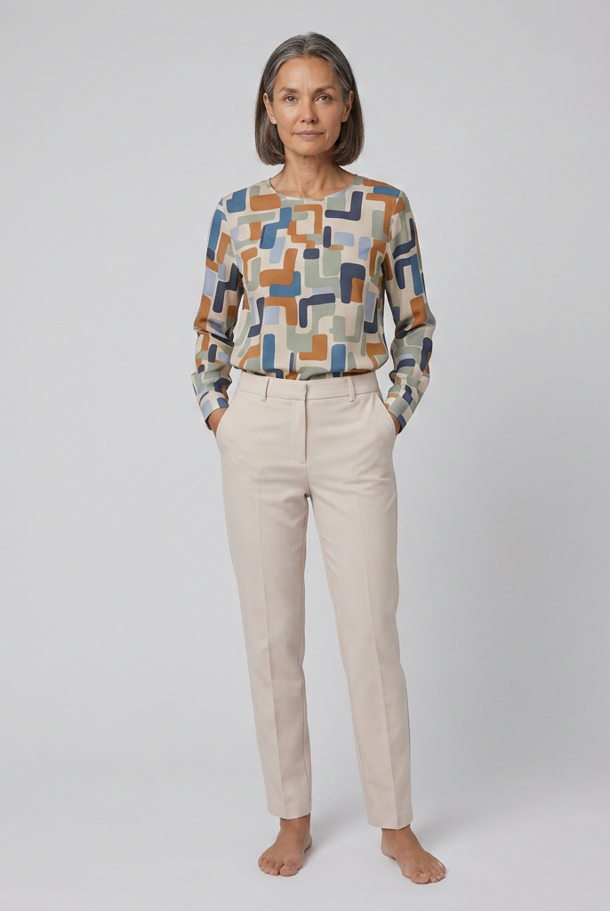 Women's Geometric Print Crew Blouse in Stone - Front Pose B