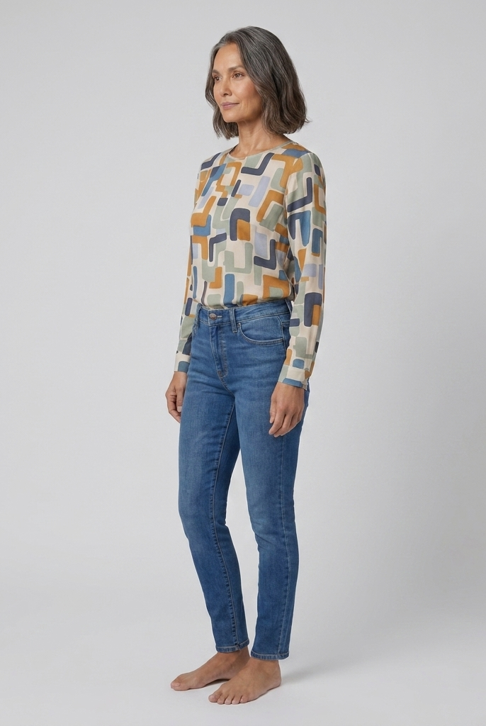 Women's Geometric Print Crew Blouse in Stone - Side View