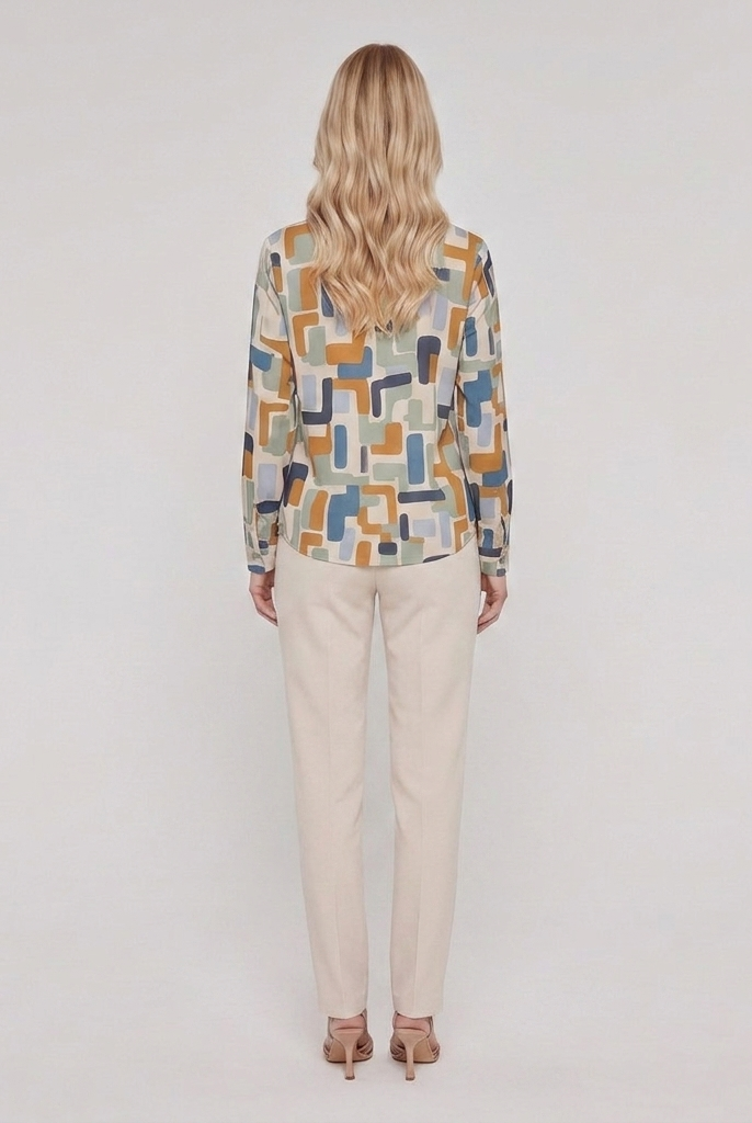 Women's Geometric Print Crew Blouse in Stone - Back View