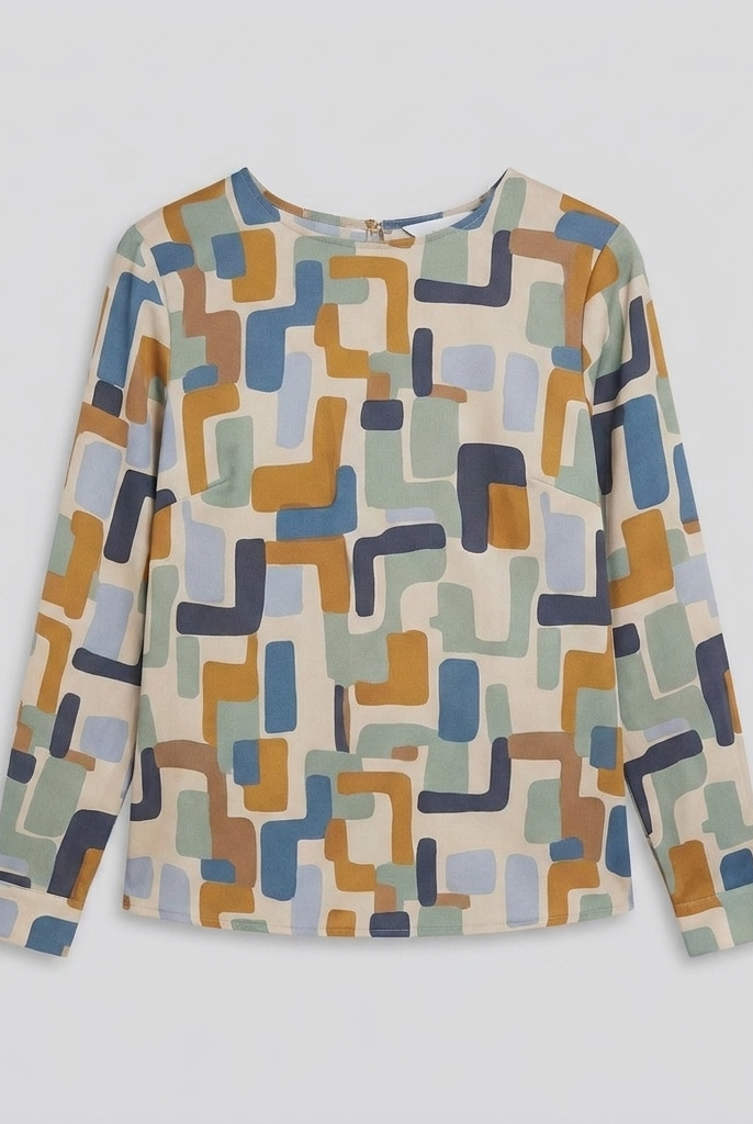 Women's Geometric Print Crew Blouse in Stone - Product Flat Lay