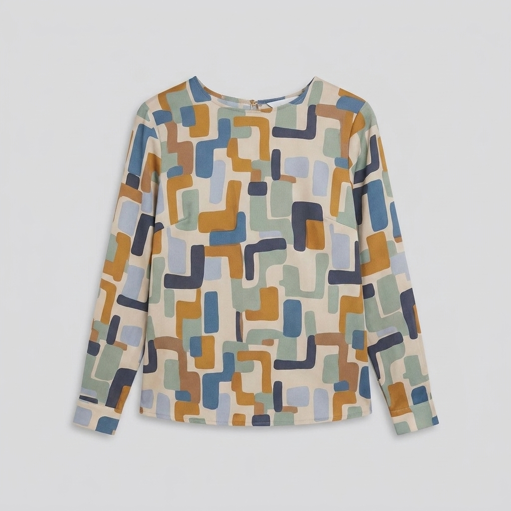 Women's Geometric Print Crew Blouse in Stone - Product Flat Lay