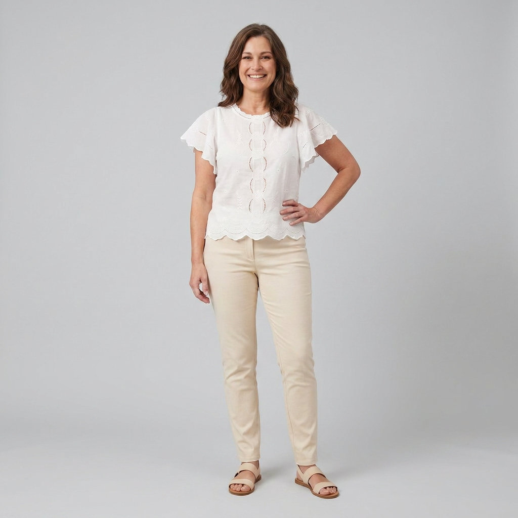 Pamela Boutique white broderie anglaise blouse flutter sleeve, model front pose A