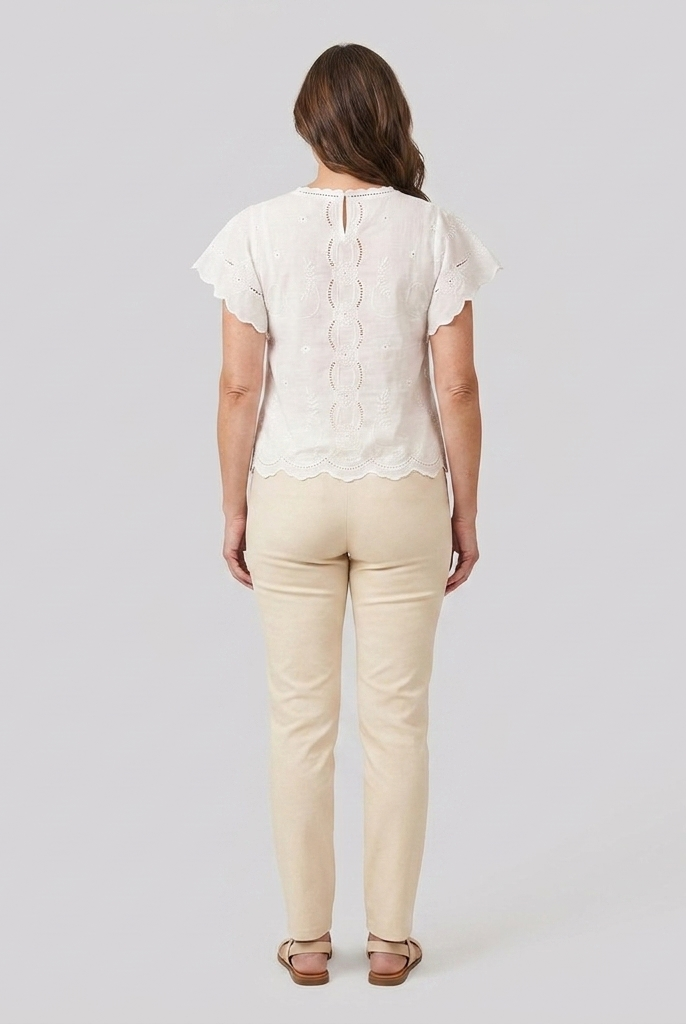 Pamela Boutique white broderie anglaise blouse flutter sleeve, model back view