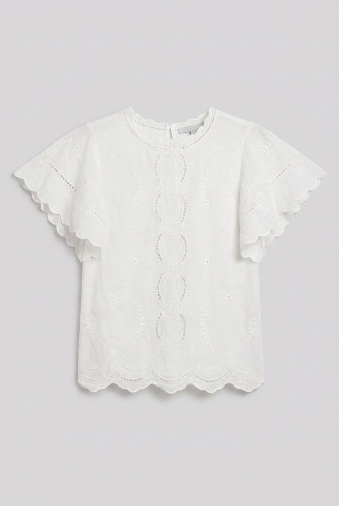 Pamela Boutique white broderie anglaise blouse flutter sleeve, product flat lay