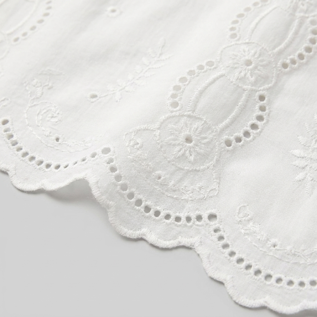 Pamela Boutique white broderie anglaise fabric texture close-up