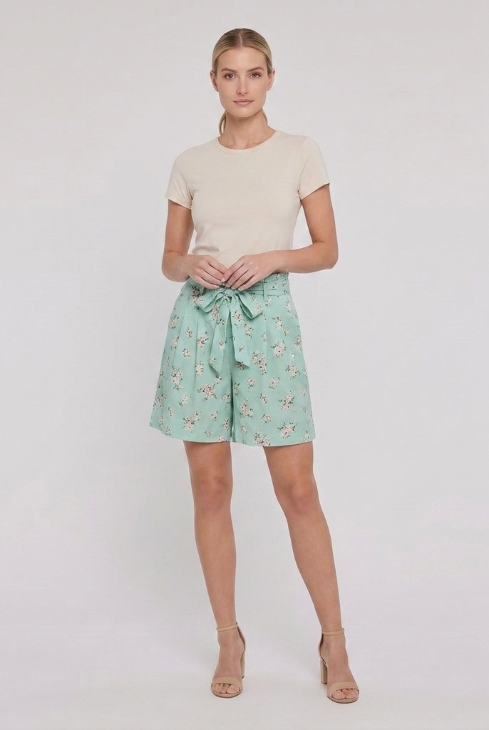Pamela Boutique mint floral pleated shorts tie belt, model front pose B