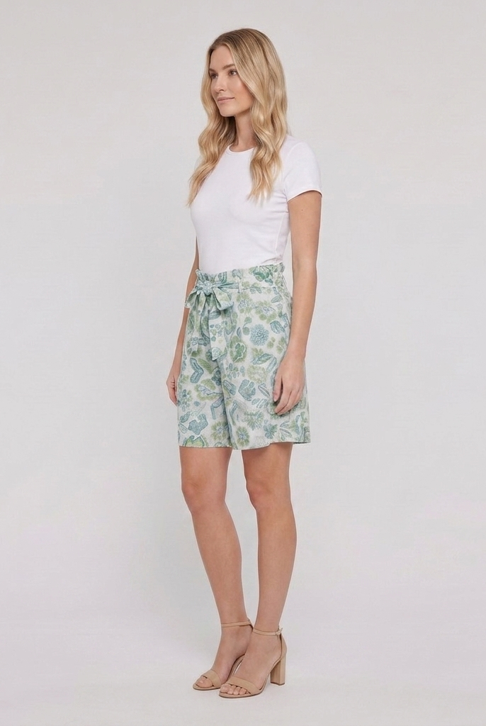 Pamela Boutique mint floral pleated shorts tie belt, model side view