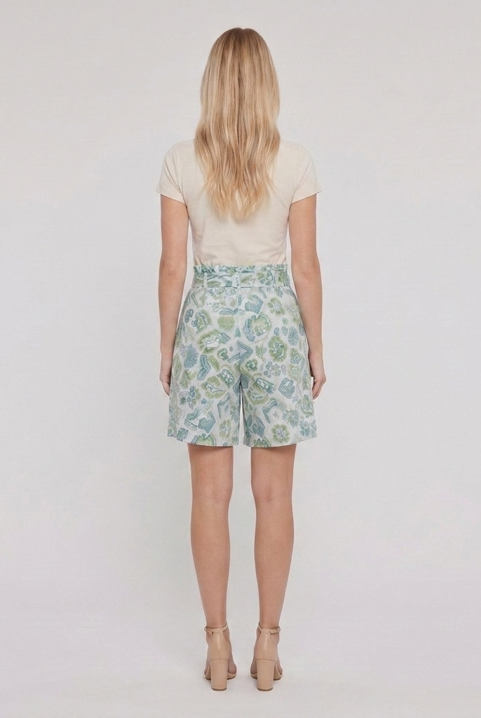 Pamela Boutique mint floral pleated shorts tie belt, model back view