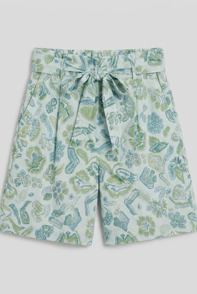 Pamela Boutique mint floral pleated shorts tie belt, product flat lay