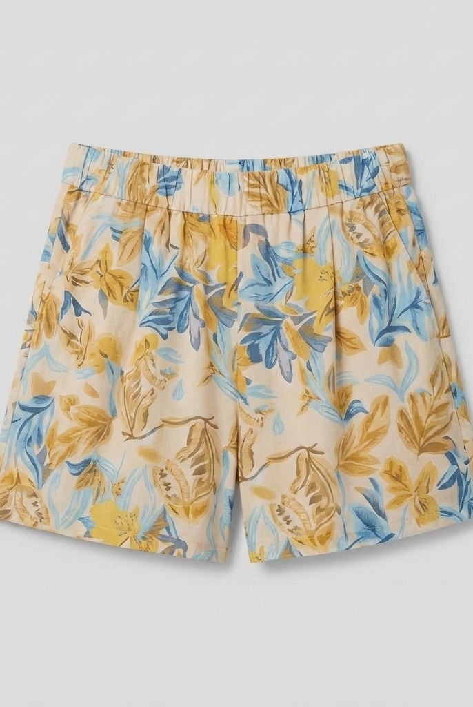 Pamela Boutique beige floral A-line shorts, product flat lay