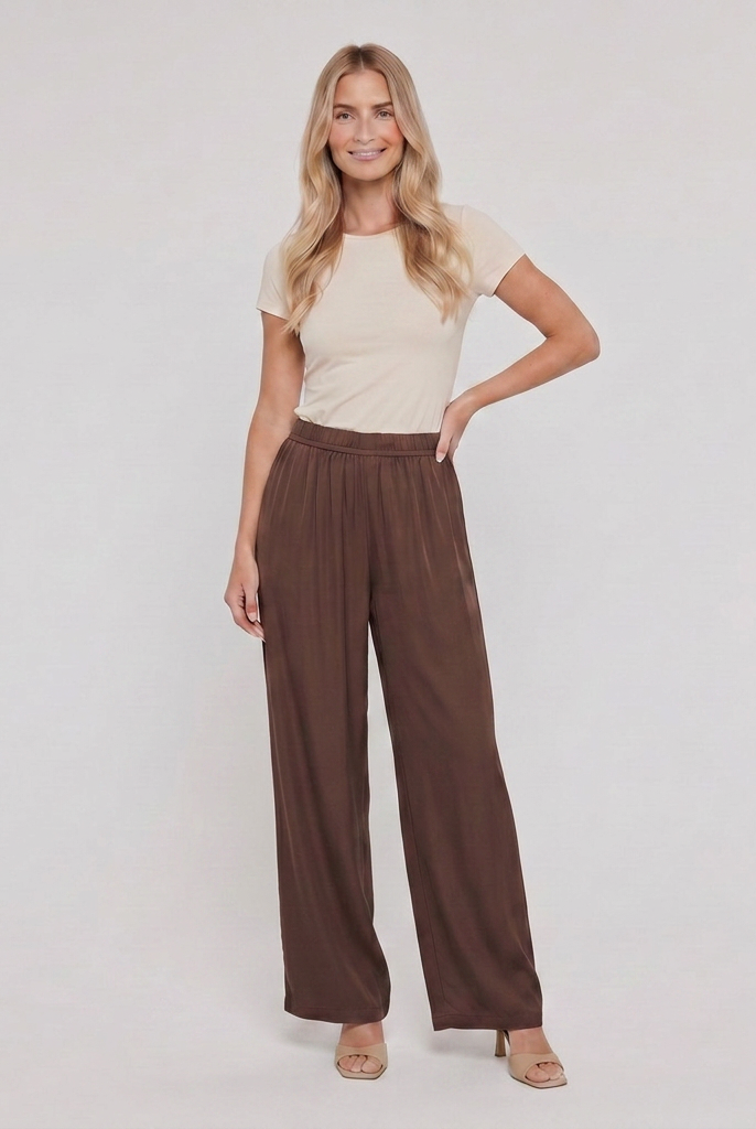 Pamela Boutique brown wide leg trousers, model front pose A