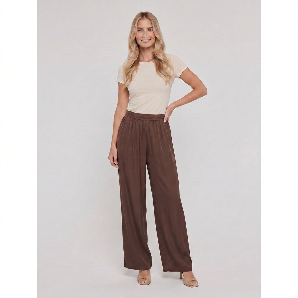 Pamela Boutique brown wide leg trousers, model front pose A