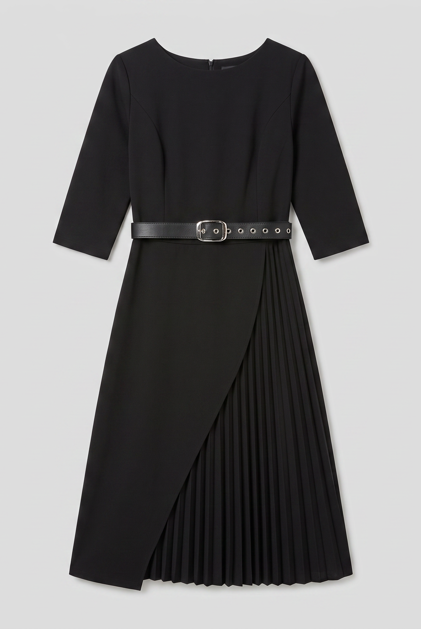 Ilona belted split-sleeve midi dress in black, flat lay product shot
