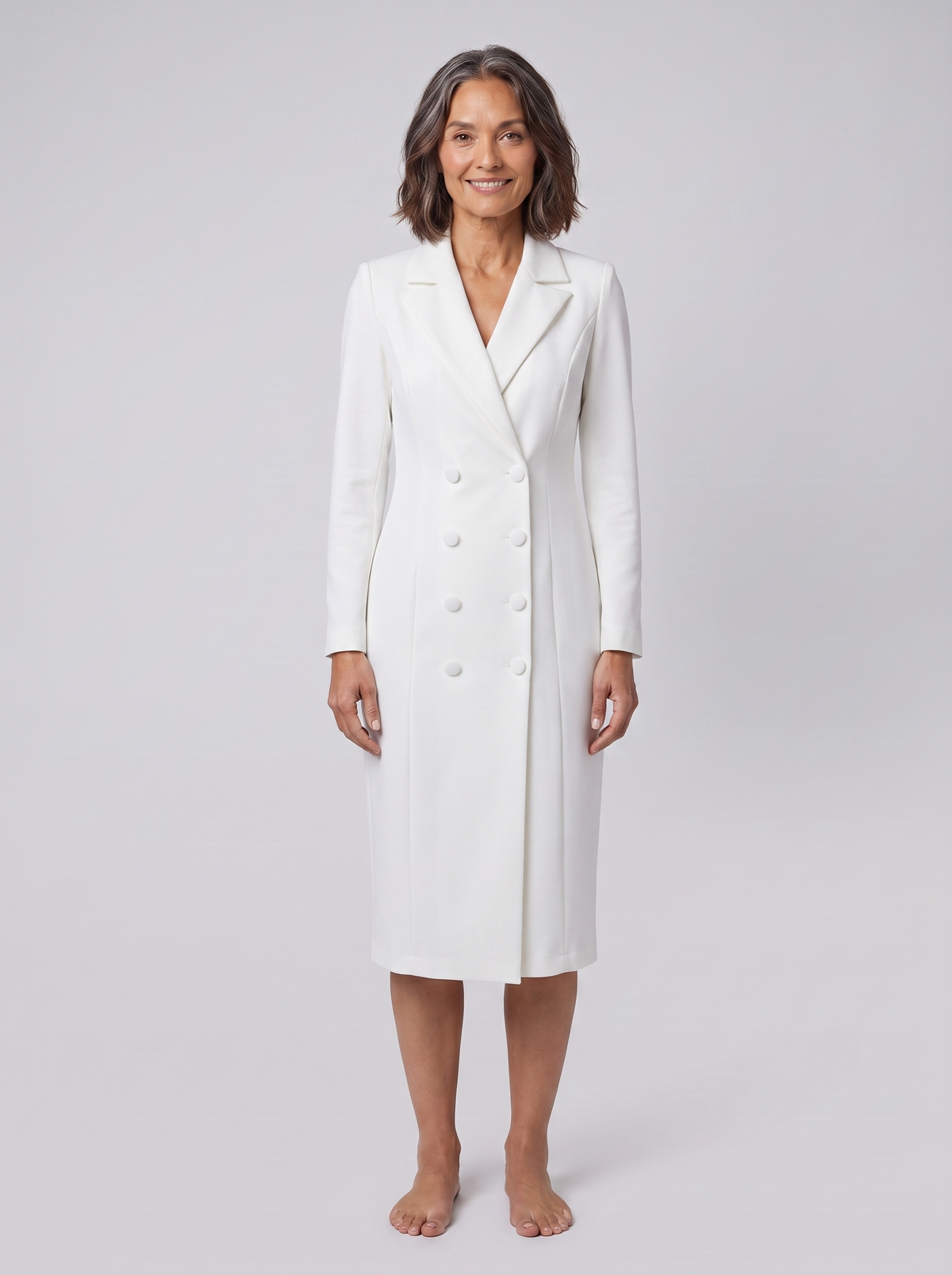 Imara tailored blazer midi dress in white on model