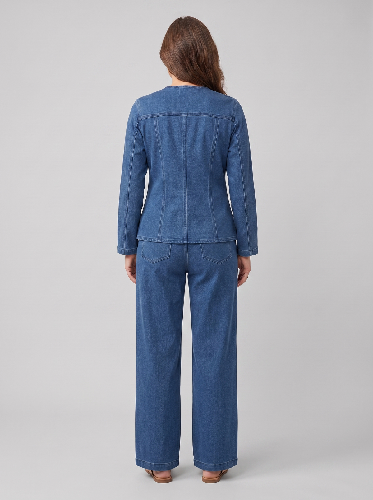 Indra collarless denim jacket and wide-leg trouser set, back view on model
