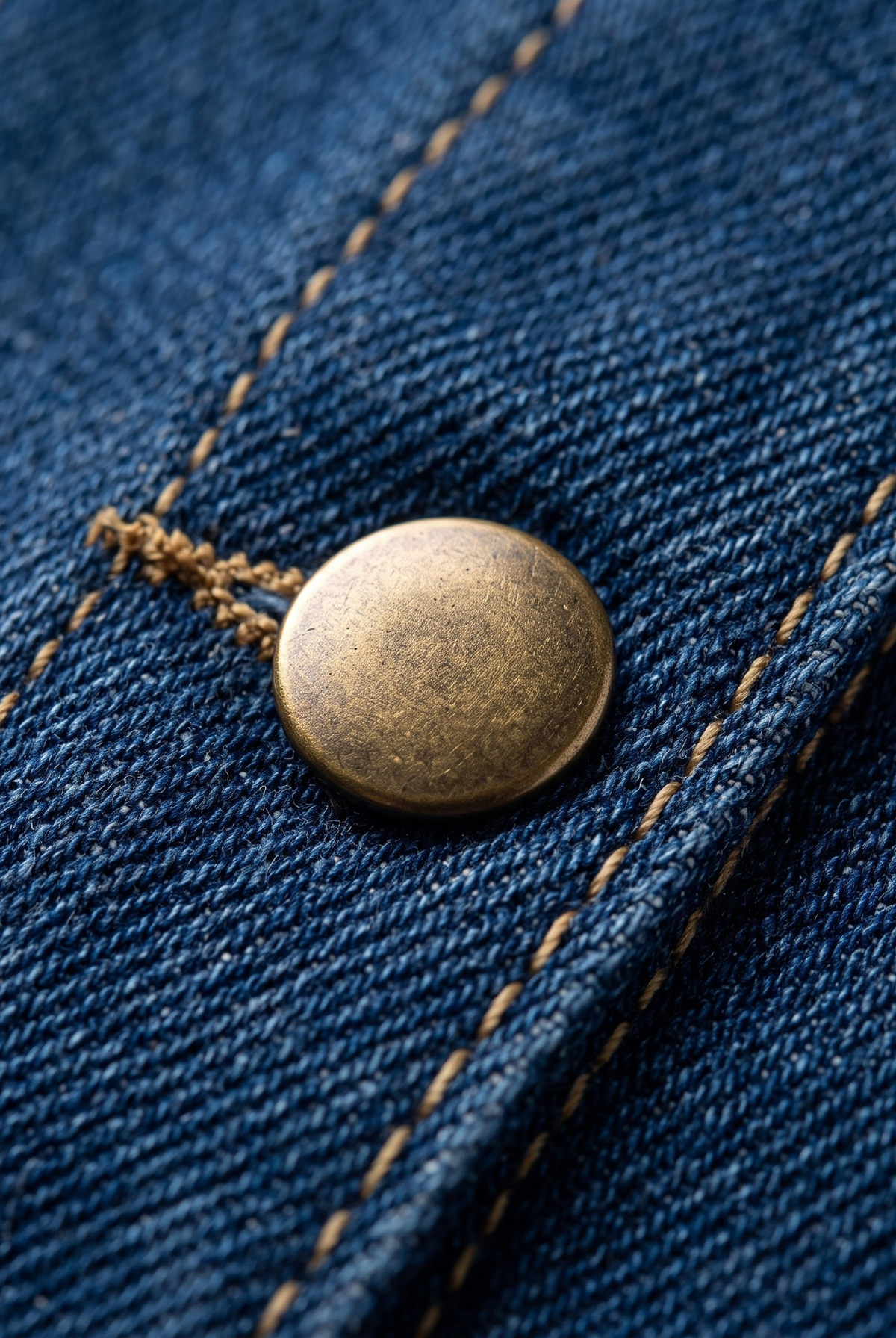 Indra denim set button and topstitching close-up
