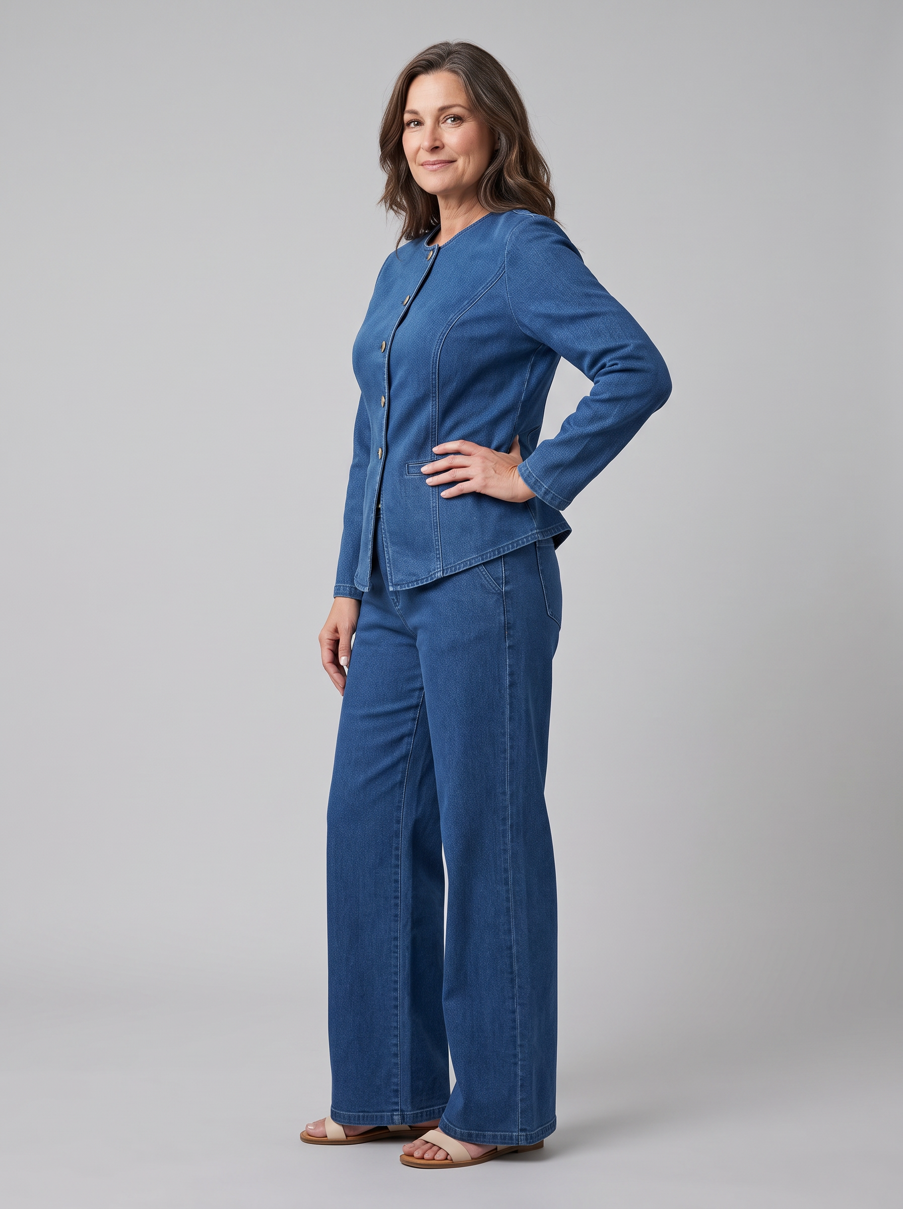 Indra collarless denim jacket and wide-leg trouser set, front view on model
