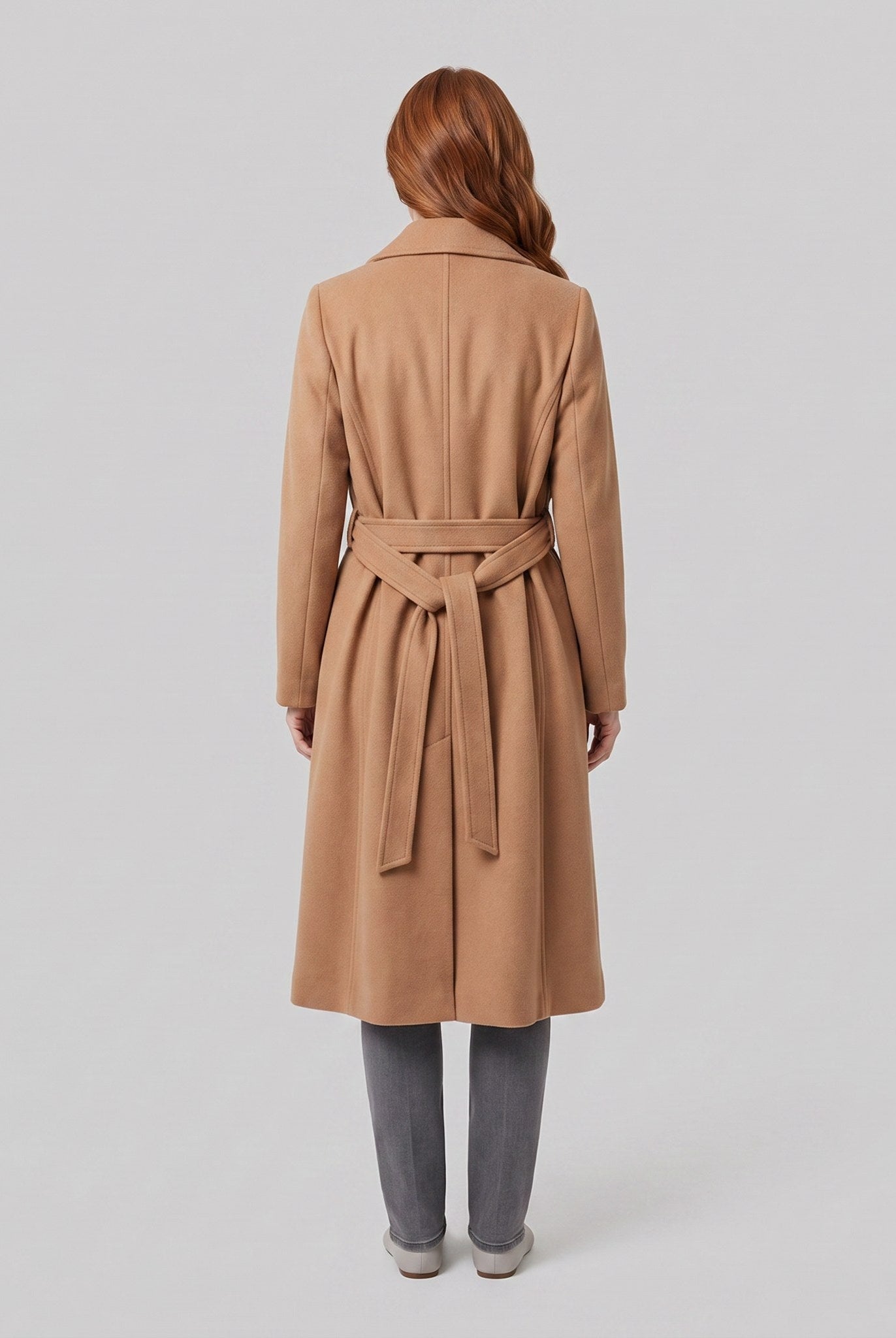 Ines longline belted wrap coat in camel, back view on model