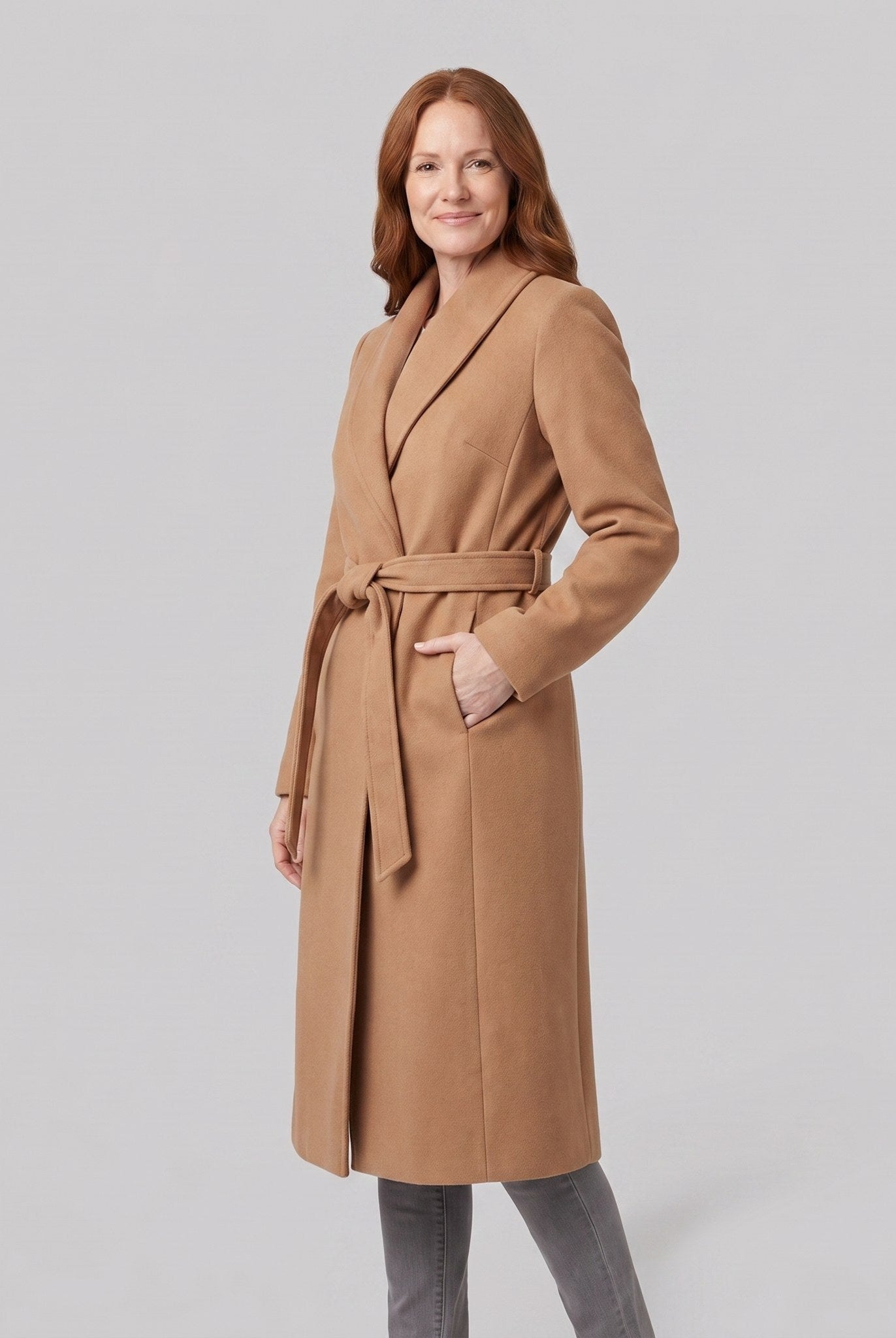 Ines longline belted wrap coat in camel, front view on model