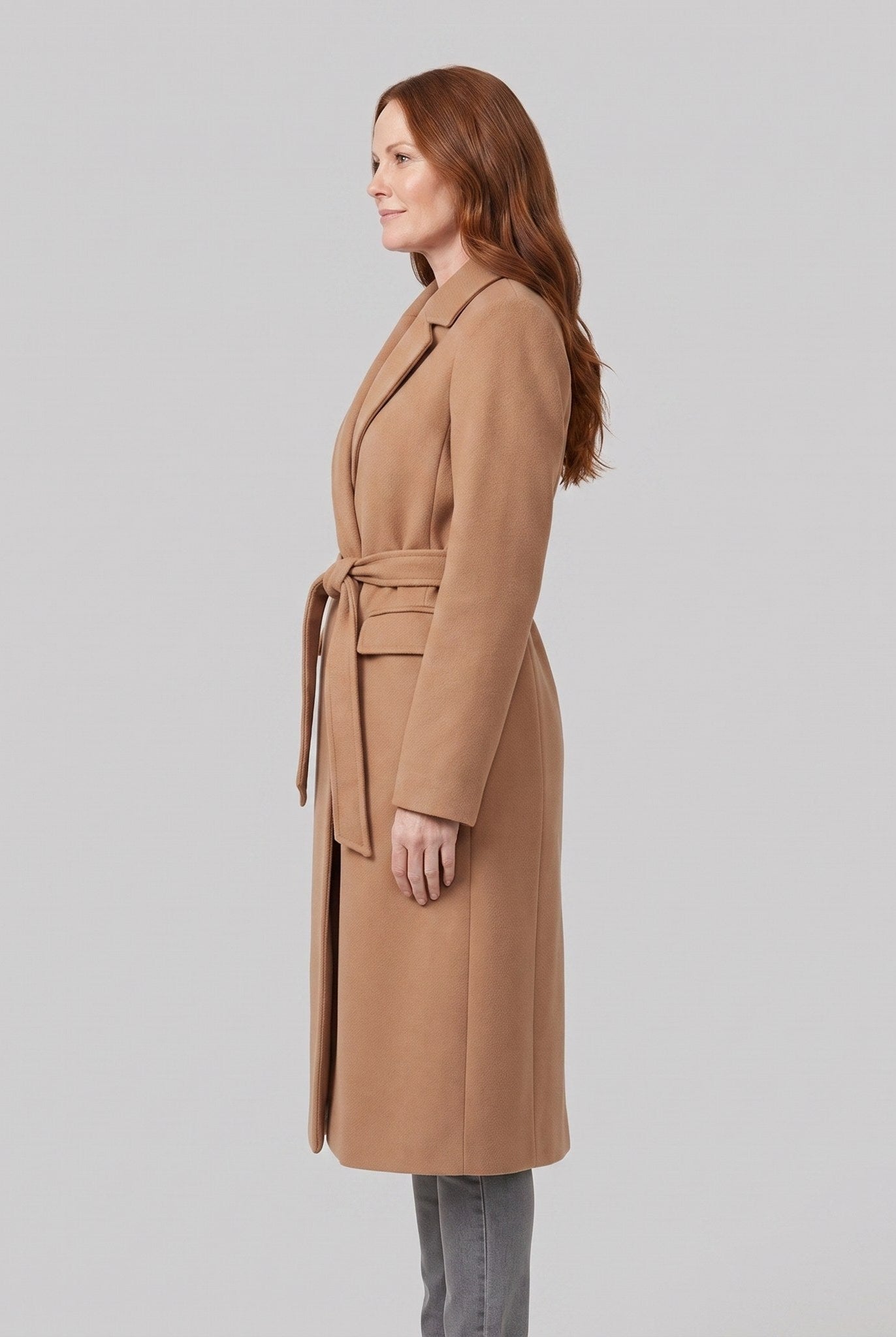 Ines longline belted wrap coat in camel, side view on model