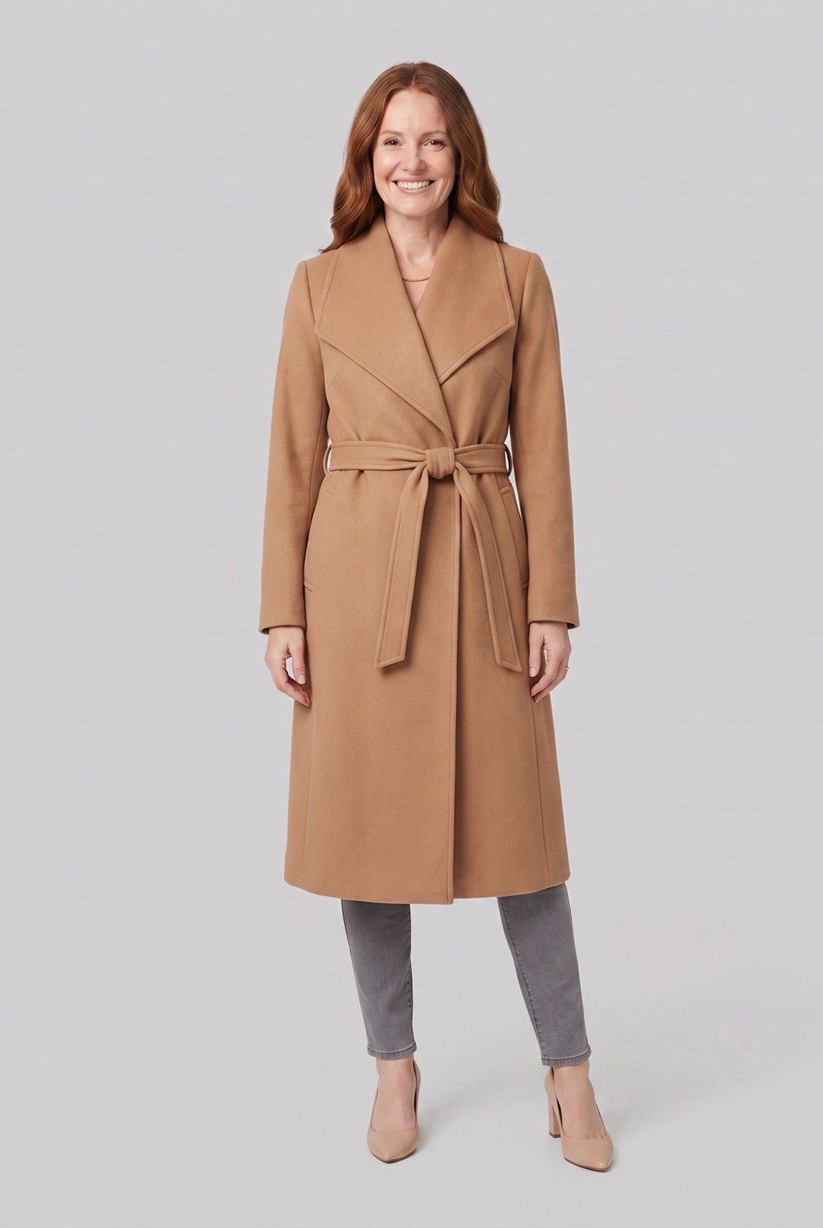Ines longline belted wrap coat in camel on model