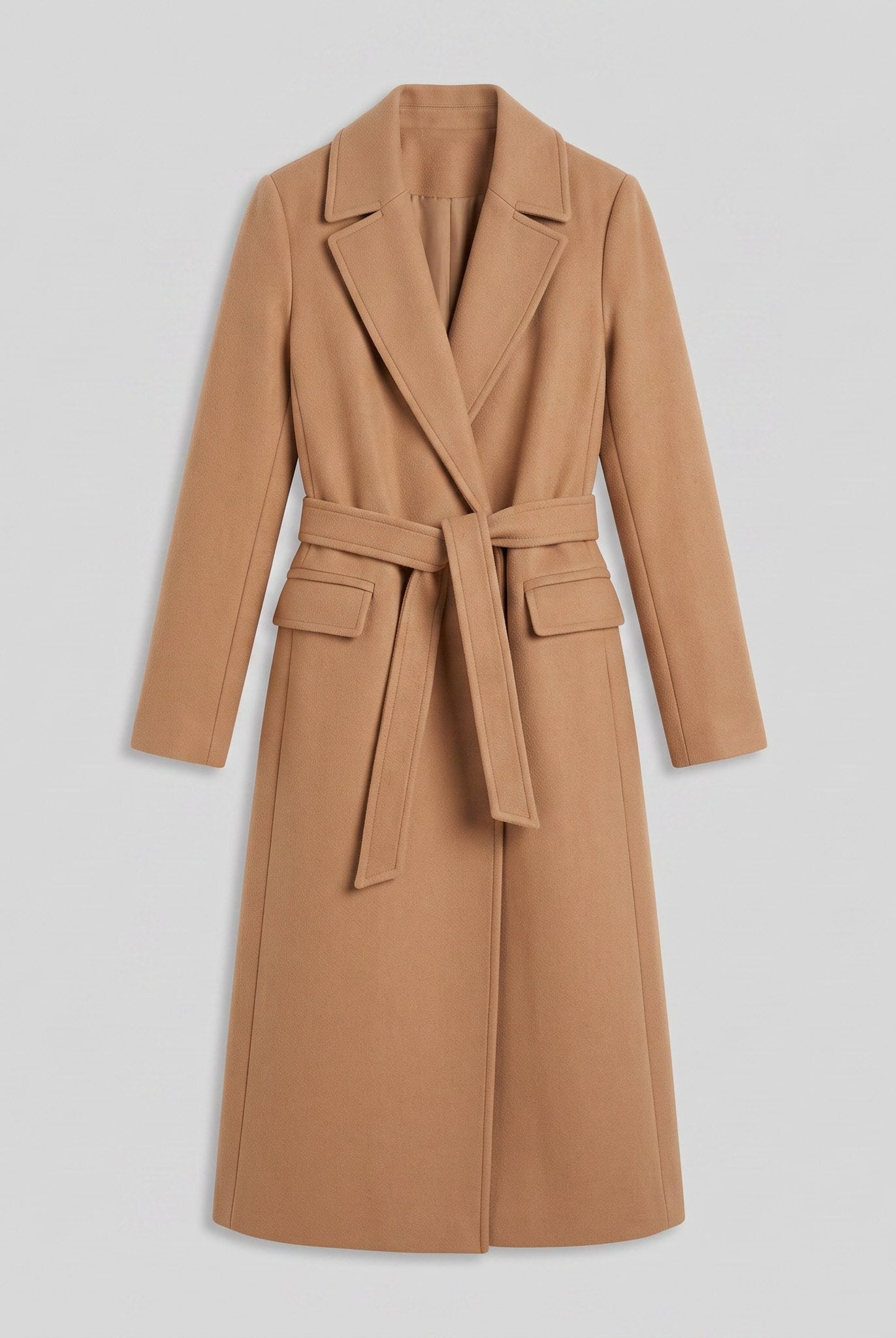 Ines longline belted wrap coat in camel, flat lay product shot