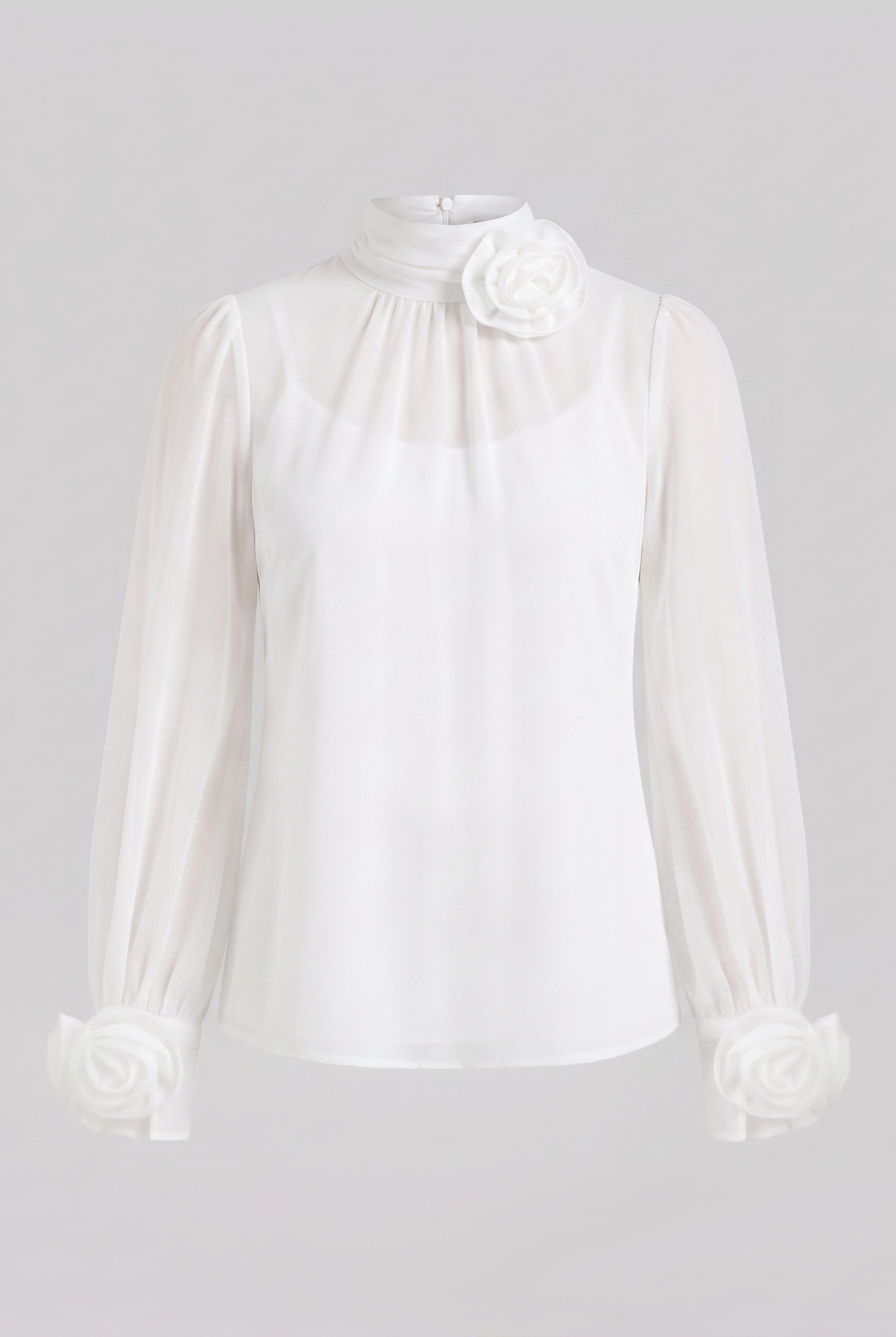 Iona sheer chiffon blouse with 3D rosettes, flat lay product shot