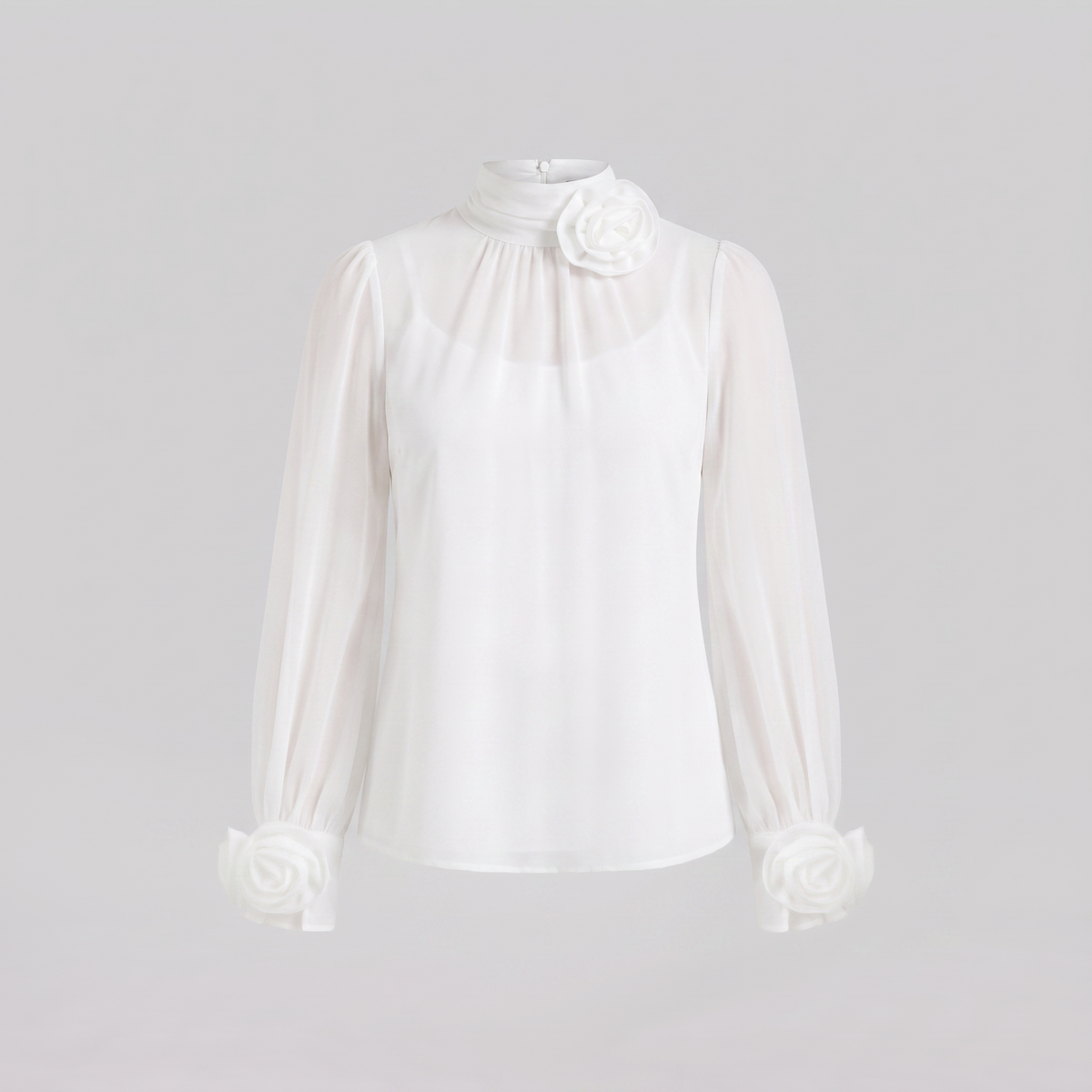 Iona sheer chiffon blouse with 3D rosettes, flat lay product shot