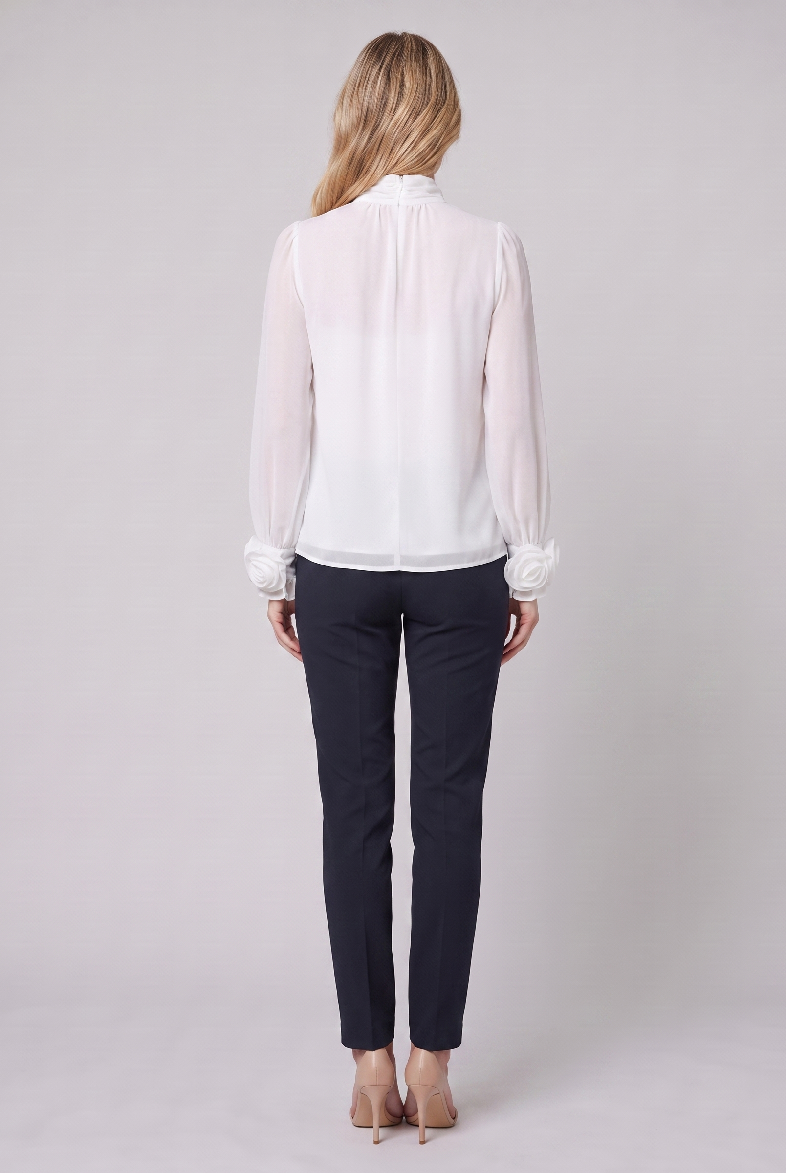 Iona sheer chiffon blouse in white, back view on model