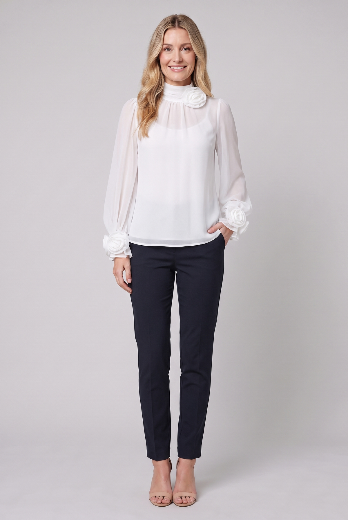 Iona sheer chiffon blouse with 3D rosettes in white on model