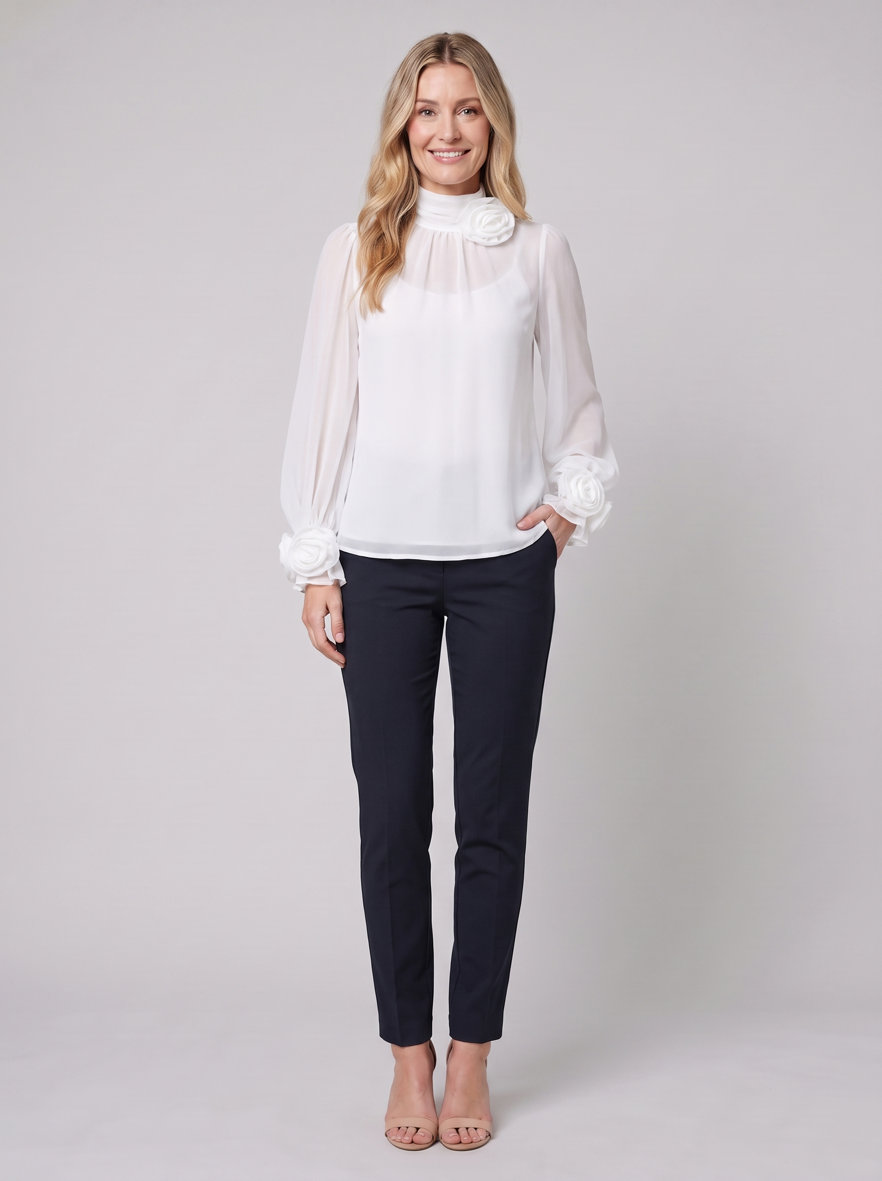 Iona sheer chiffon blouse with 3D rosettes in white on model