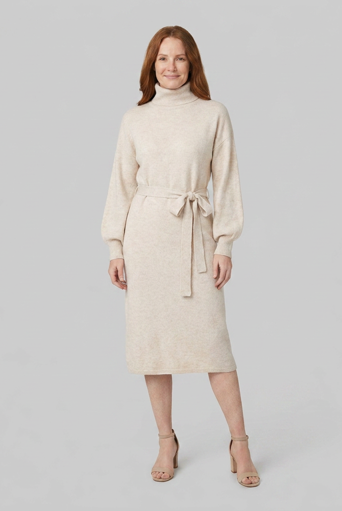 Isabella wool-blend turtleneck knit midi dress in cream on model