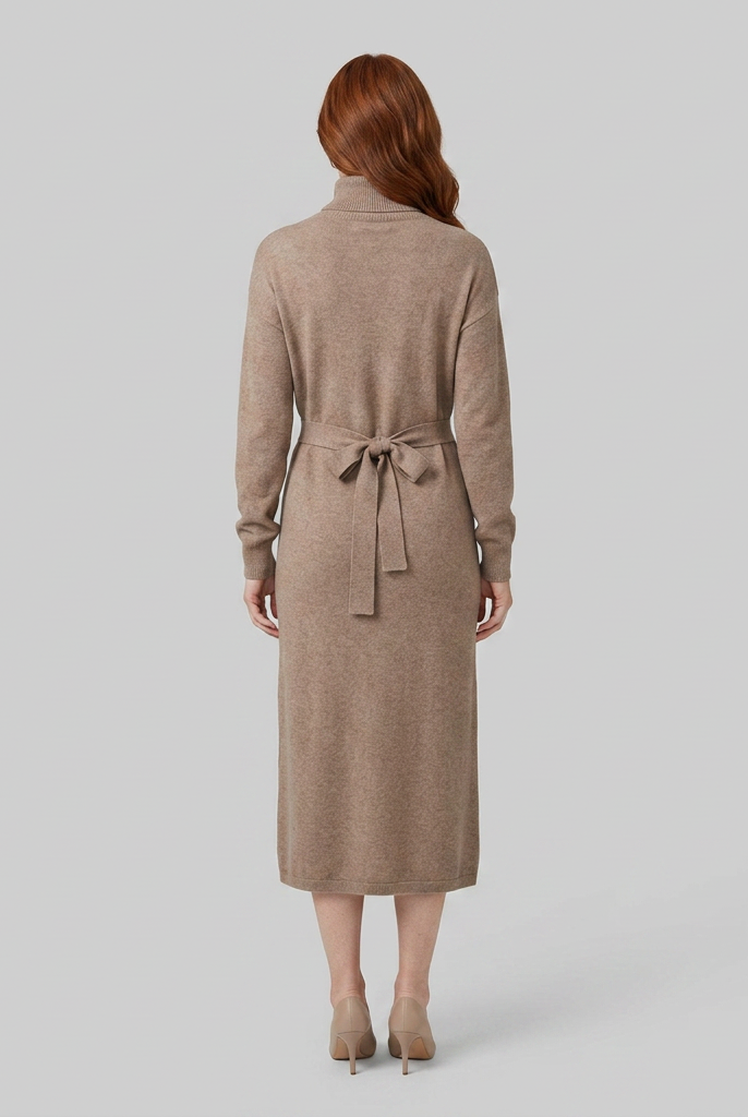 Isabella wool-blend knit midi dress in oatmeal, back view on model