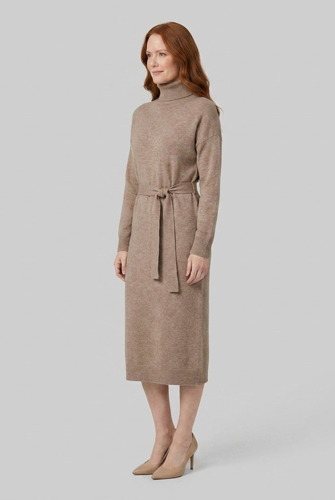 Isabella wool-blend knit midi dress in oatmeal, side view on model