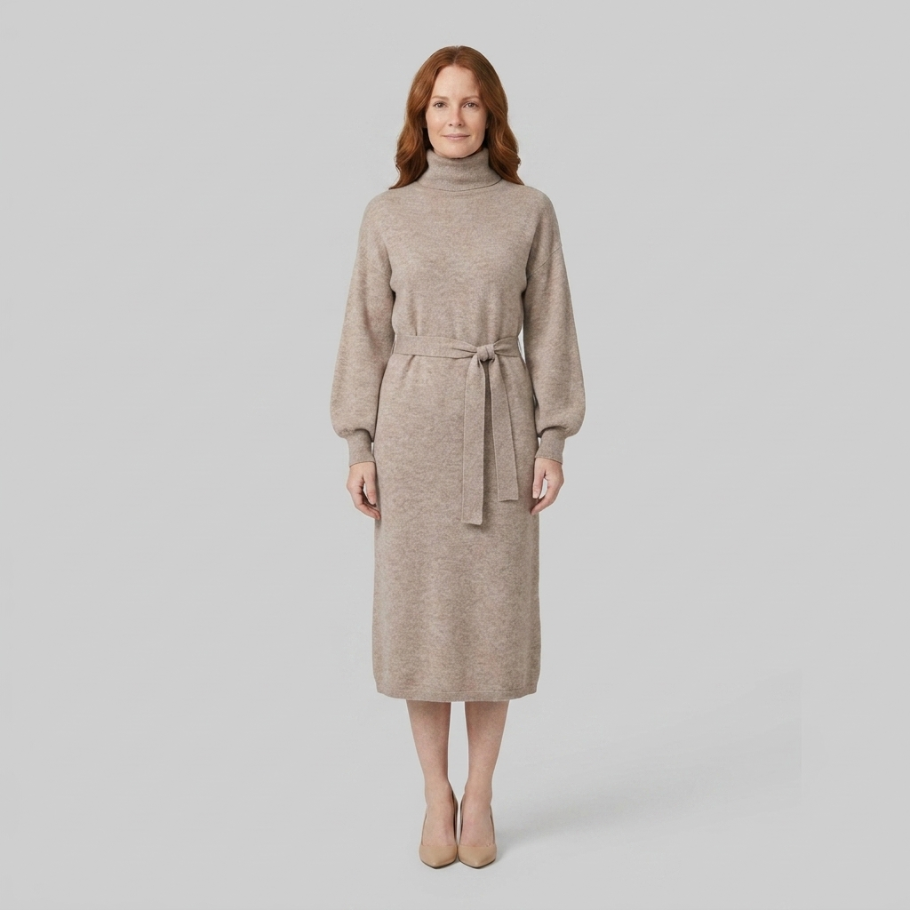 Isabella wool-blend turtleneck knit midi dress in oatmeal on model