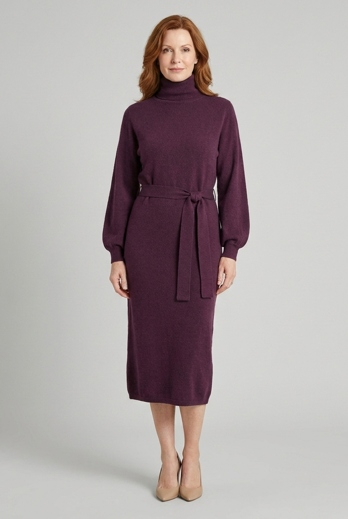 Isabella wool-blend turtleneck knit midi dress in plum on model