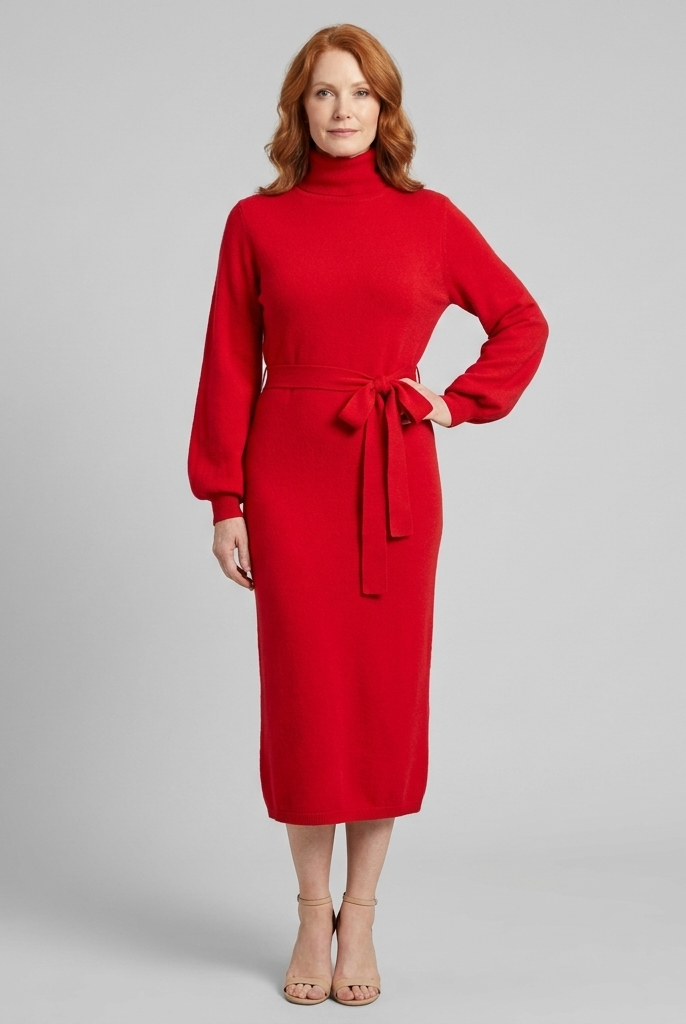 Isabella wool-blend turtleneck knit midi dress in red on model