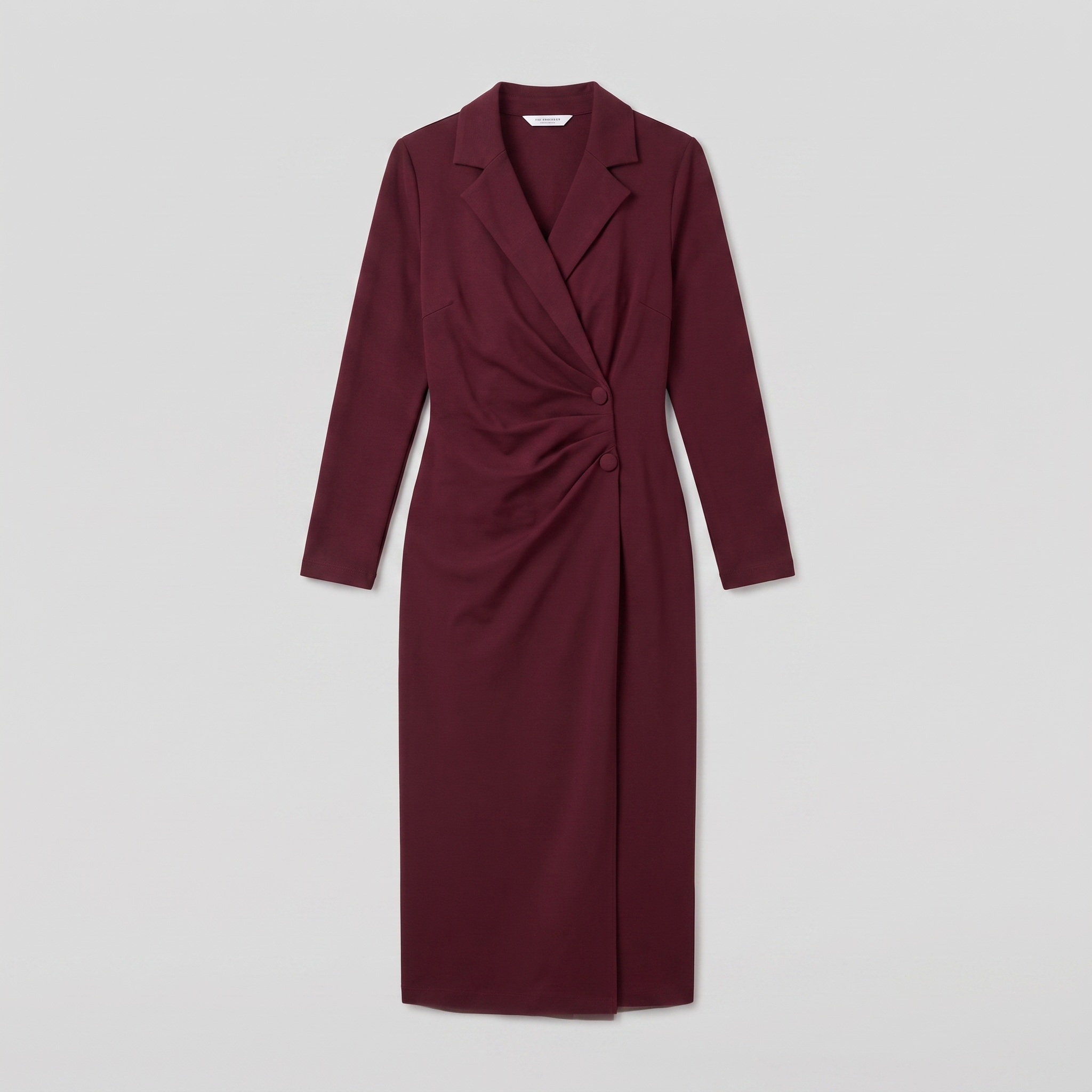 Isla burgundy wrap midi dress, flat lay product shot
