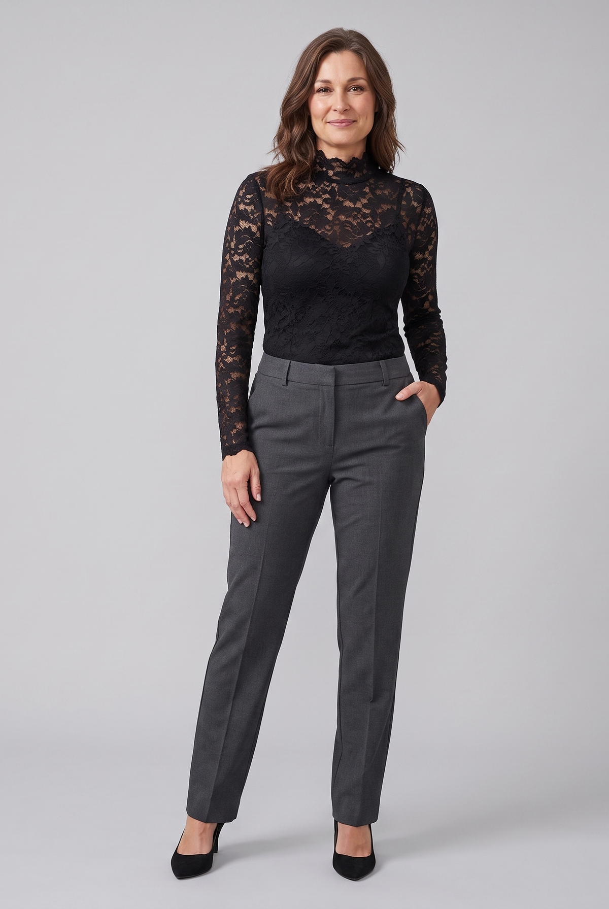 Isolde floral lace high-neck blouse in black on model