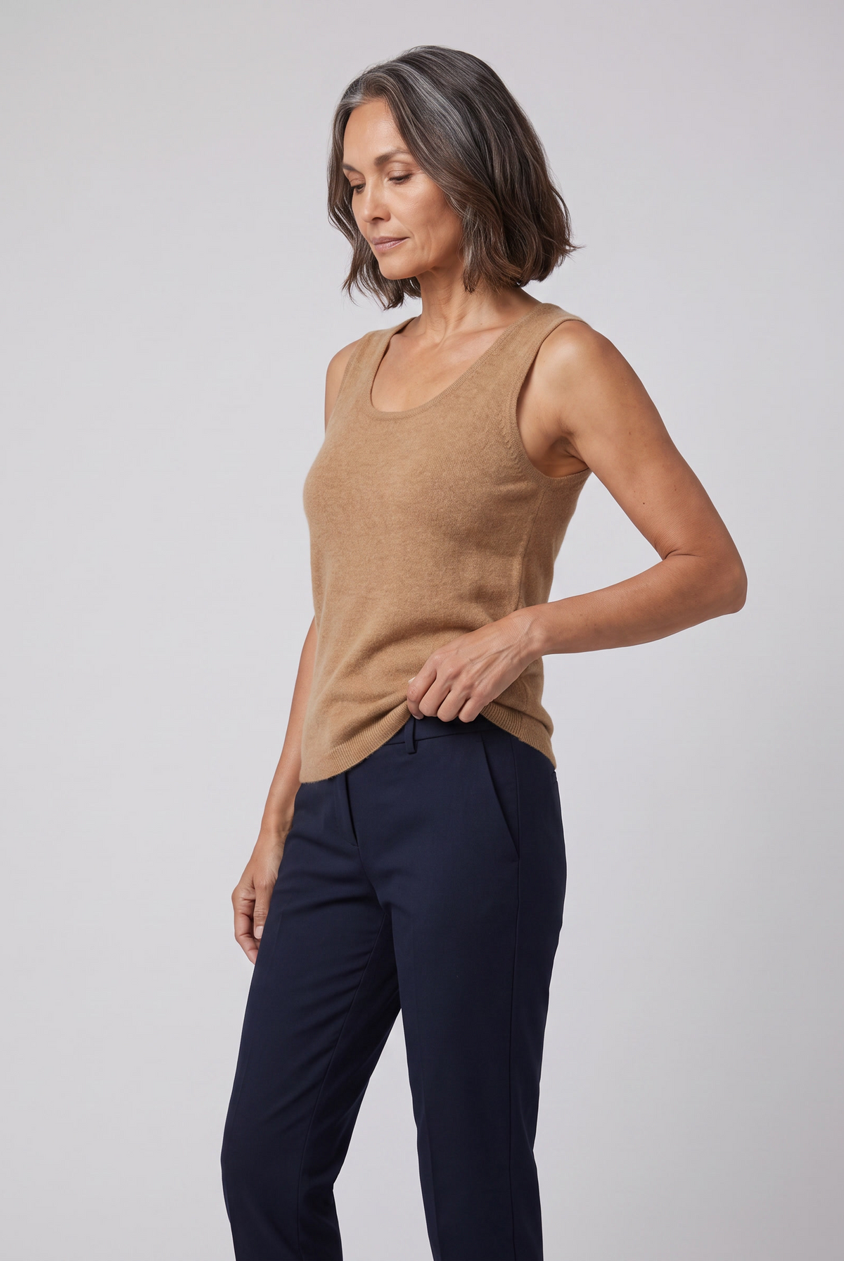 Ivanna cashmere-blend sleeveless knit vest in camel on model