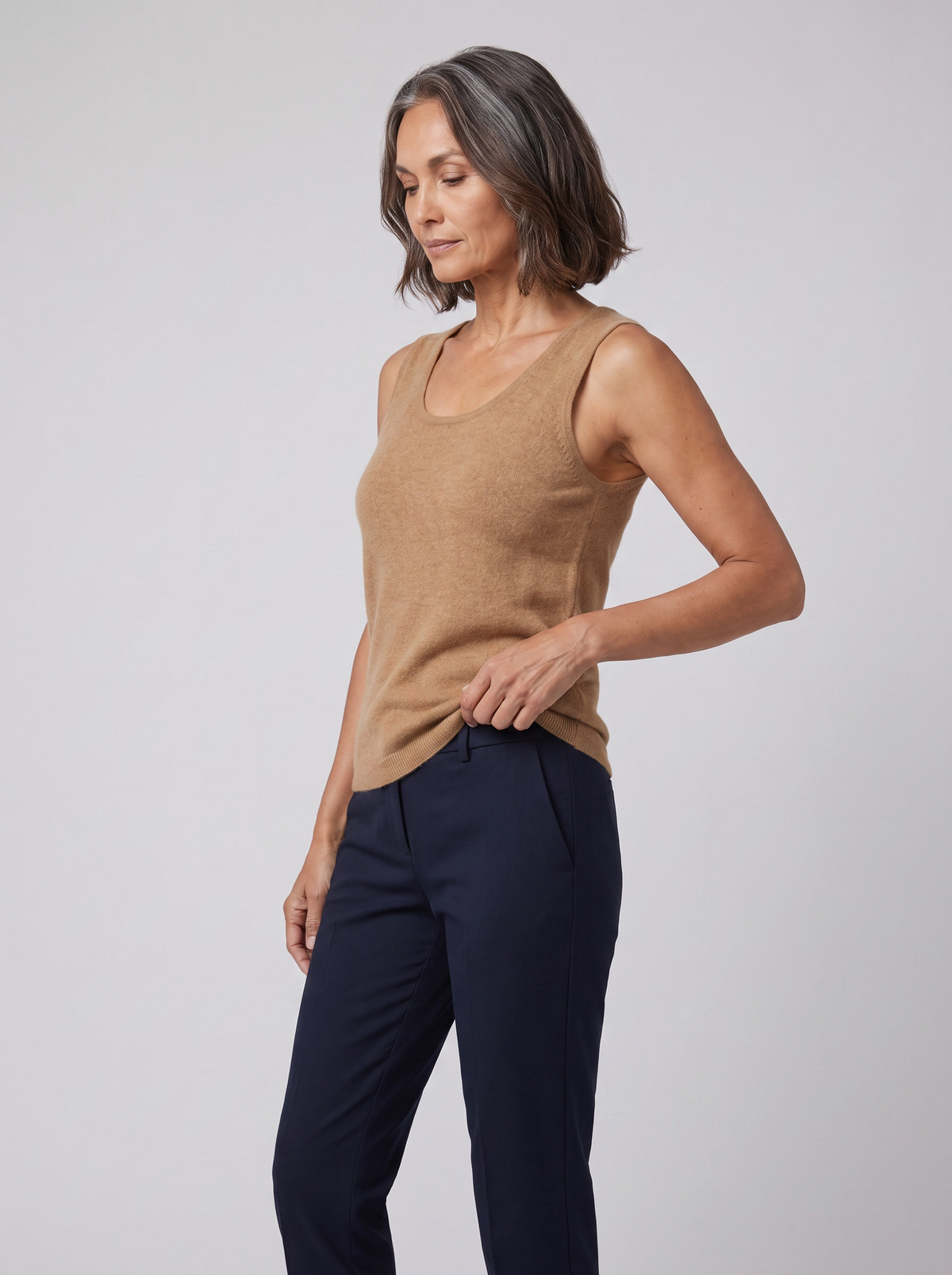 Ivanna cashmere-blend sleeveless knit vest in camel on model