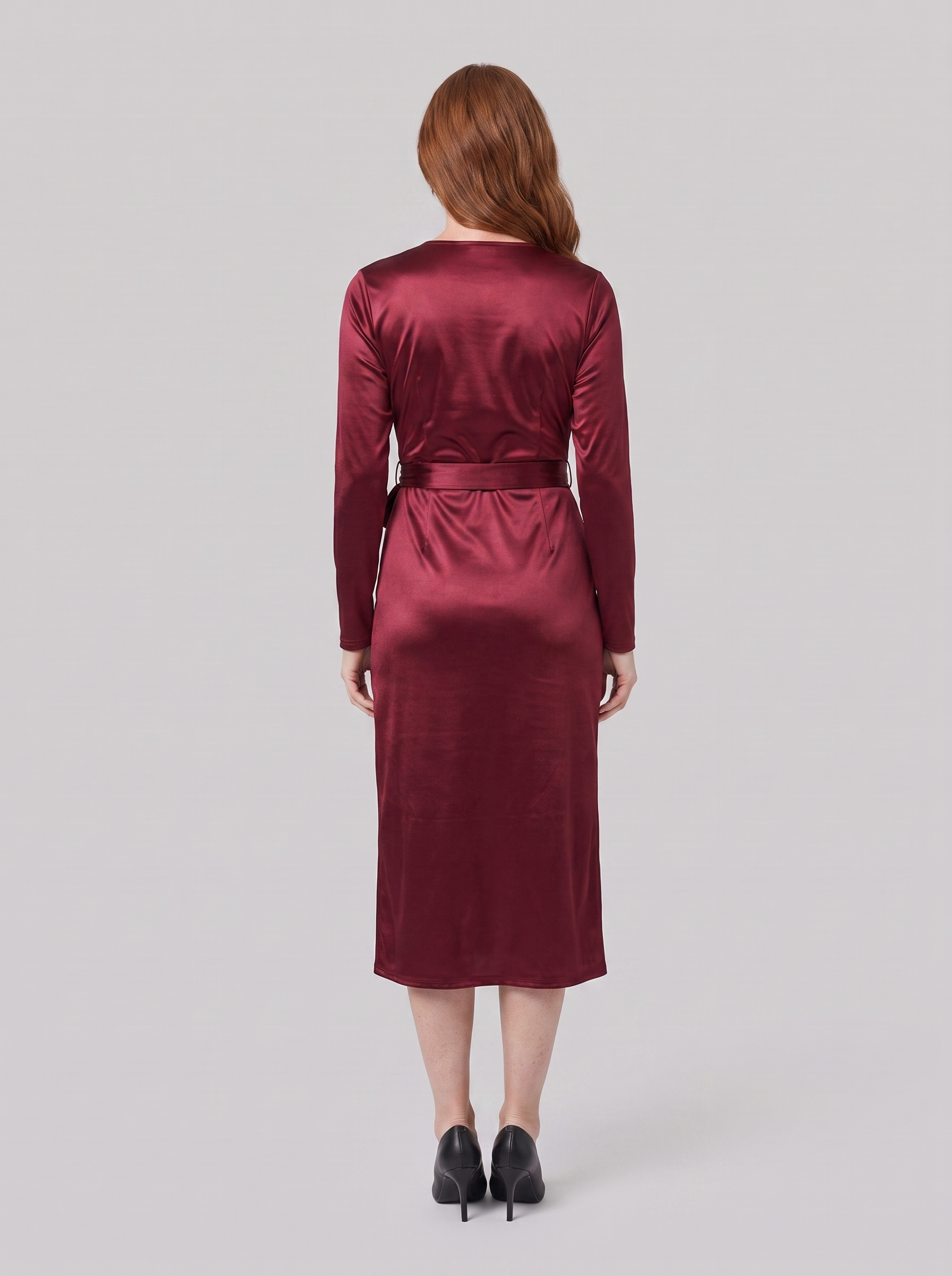 Ivette burgundy wrap dress, back view on model