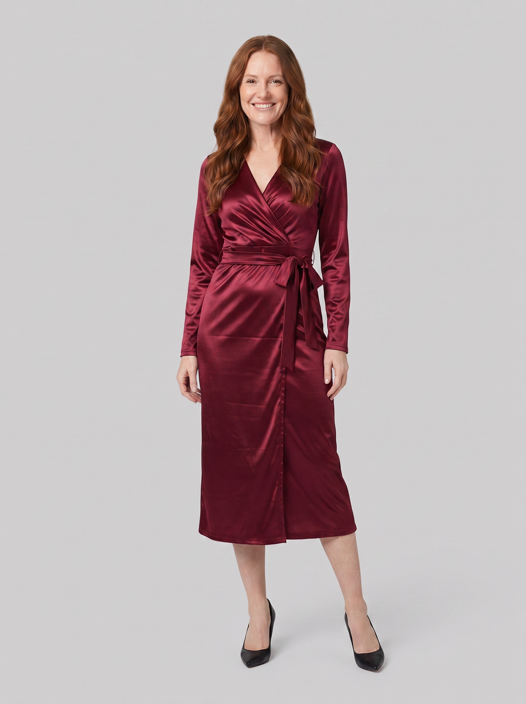 Ivette burgundy wrap dress with tied waist on model