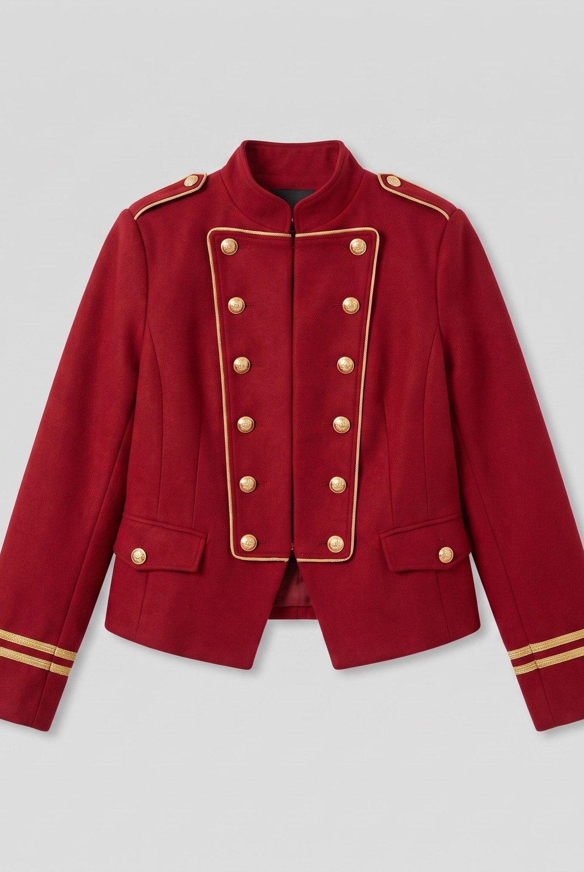 Ivy red velvet blazer with gold buttons, flat lay product shot